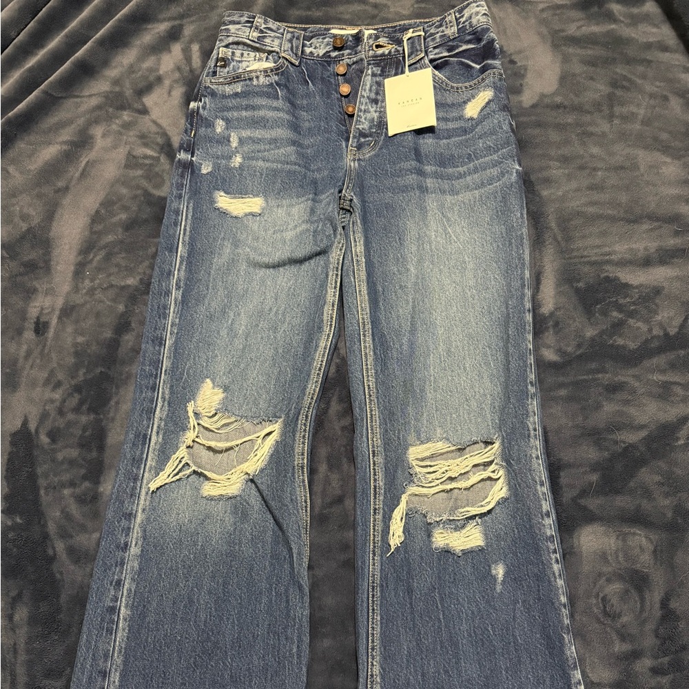 KanCan Blue Flare Wide Leg Jeans with Distressed Details